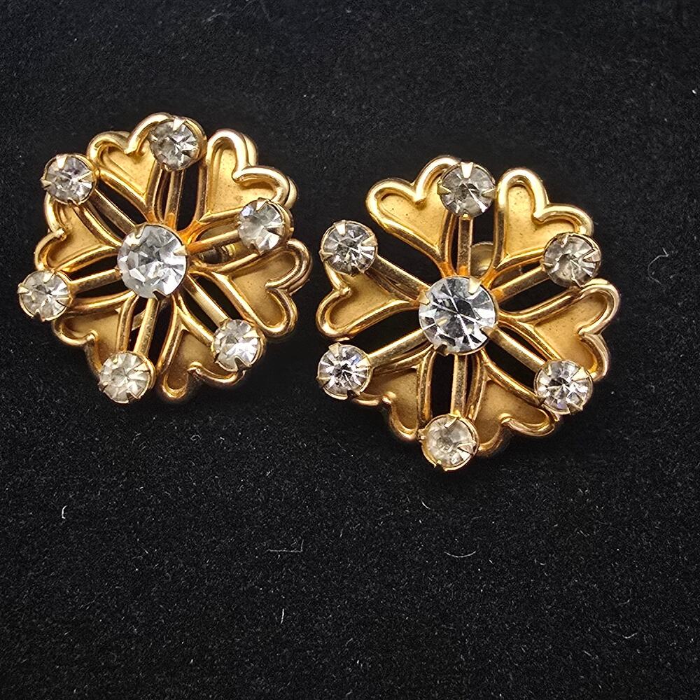Gold Tone Rhinestone Flower Screw Back Earrings VIntage Costume Jewelry
